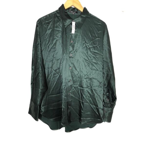 Madewell Relaxed Dolman Top Button-Up Shirt Satin Luxury Forest Green NWT Medium - Picture 3 of 9